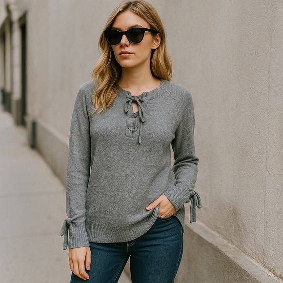 If It Were Me Anthropologie Gray Lace Up Collar Bell Sleeve Long Sweater Medium - Picture 1 of 16